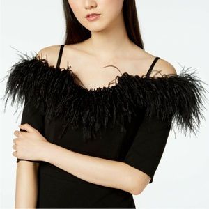 Calvin Klein Black Off Shoulders Half Sleeve Faux Fur Trim Midi Sz. 16W NWT